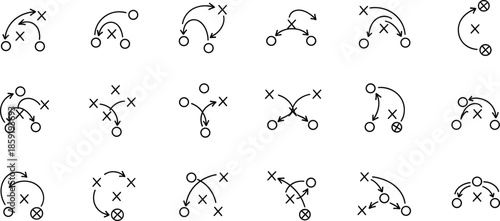 Grid of 20 sports strategy diagrams using symbolic player icons and arrows for game planning, coaching, and analysis