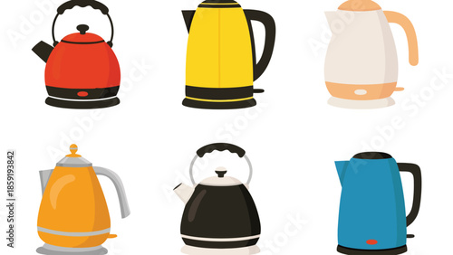 Collection of colorful electric and stovetop kettles in various modern designs