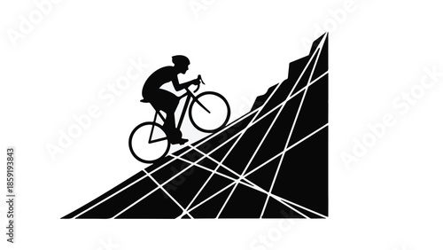 Determined cyclist climbs a steep, abstract mountain path, symbolizing challenge and achievement.