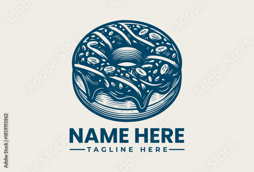 A blue illustration of a glazed donut with icing and sprinkles, accompanied by a customizable name and tagline on a clean white background, in a vector logo design.