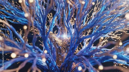 Futuristic electronic tree with blue and gold illuminated circuits, abstract digital art in a nebula setting
