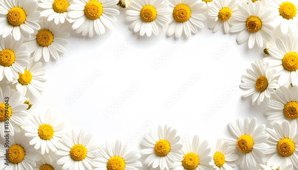Obraz premium A delicate floral frame of white daisies with yellow centers arranged around a bright white background, creating a fresh and cheerful spring composition