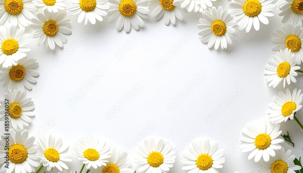 Fototapeta premium A delicate floral frame of white daisies with yellow centers arranged around a bright white background, creating a fresh and cheerful spring composition
