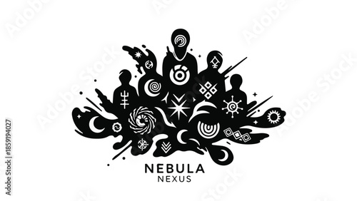 Mystical symbols and figures in a cosmic nebula cluster