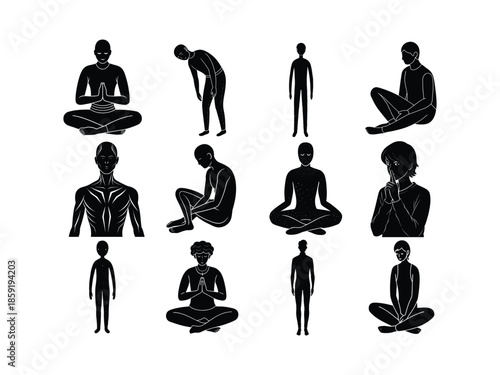 Black Silhouettes of People in Yoga Poses and Contemplative Stances person woman