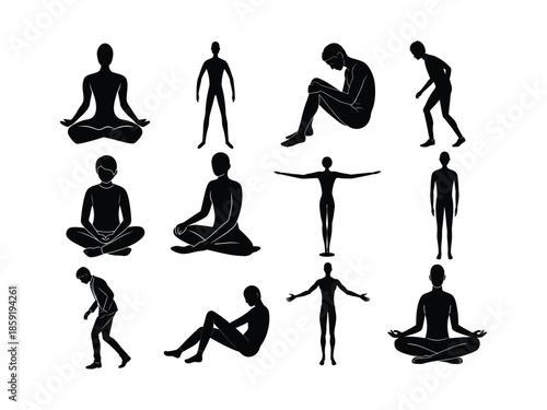 Collection of Black Silhouettes of People in Yoga and Meditation Poses person woman