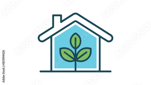 Green plant growing inside a stylized eco-friendly house, symbolizing sustainable living and nature.