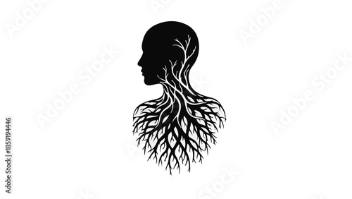 Silhouette of a human head and shoulders merging with tree roots, symbolizing growth and connection