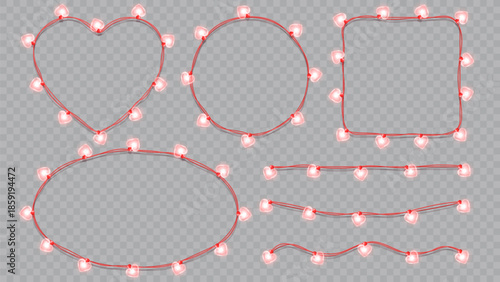 Festive Valentines Day red garlands. Realistic vector 3d decorative garlands isolated on checkered background. Set of frames made from glowing garlands for ads, poster, banner, card.