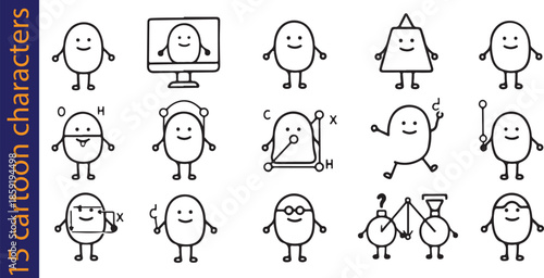 15 Educational Cartoon Drawings on Whiteboard in Black Line Art"