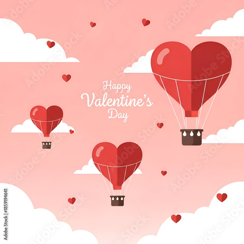 Red heart-shaped hot air balloons floating among pink clouds with hearts