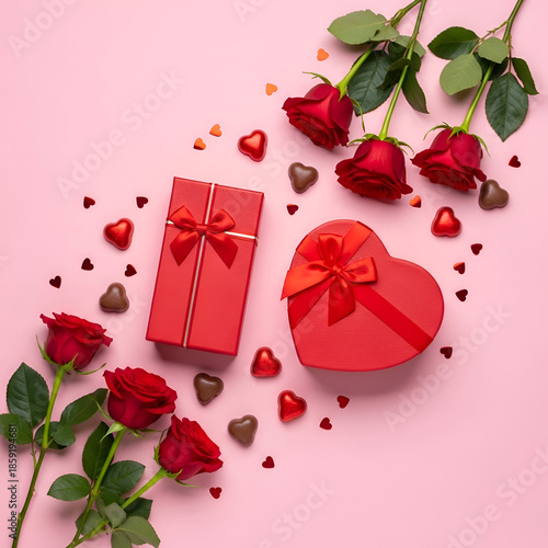 Red roses and heart-shaped box with chocolate hearts on pink background