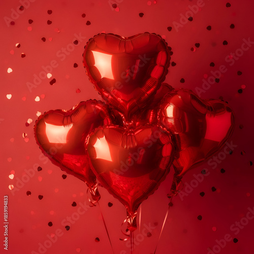 Three Red Heart Shaped Balloons with Confetti Background