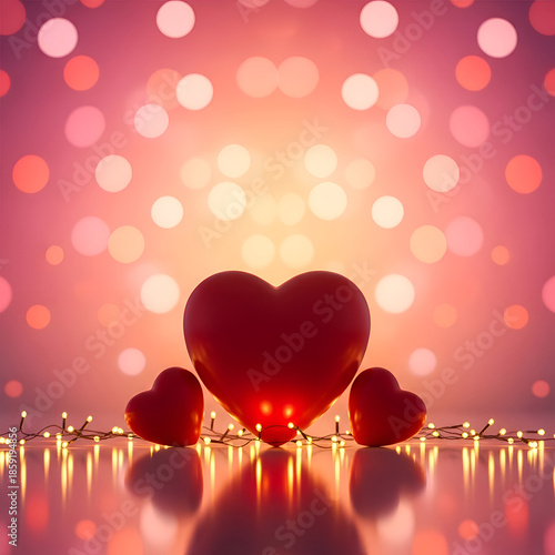 Three Red Hearts with String Lights on Reflective Surface