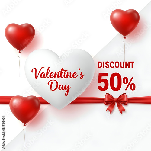 Valentines Day Discount 50 Percent Red White Balloons Ribbon