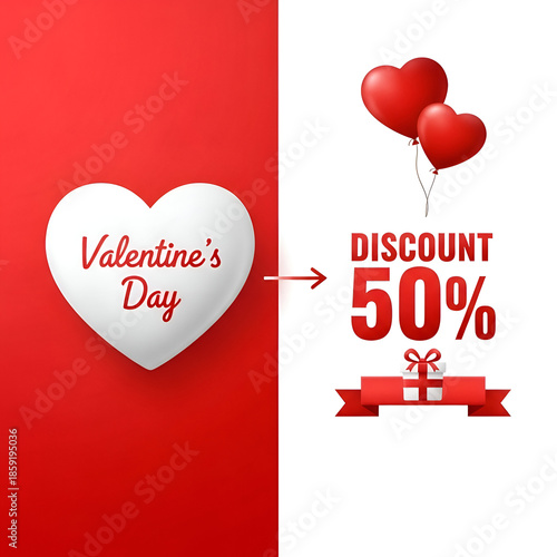 Valentine's Day discount 50 percent with heart and balloons