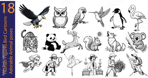 Majestic Eagle to Flamingo Birds, Intense Tiger to Sleepy Koala Animals, and Superhero to Adventurer Humans Line Art Board