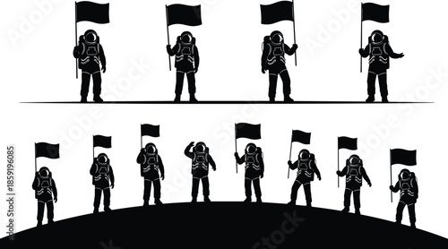 Silhouette set of astronauts holding flags standing on moon surface, space exploration, cosmic planet background, cad drawing flat vector illustration