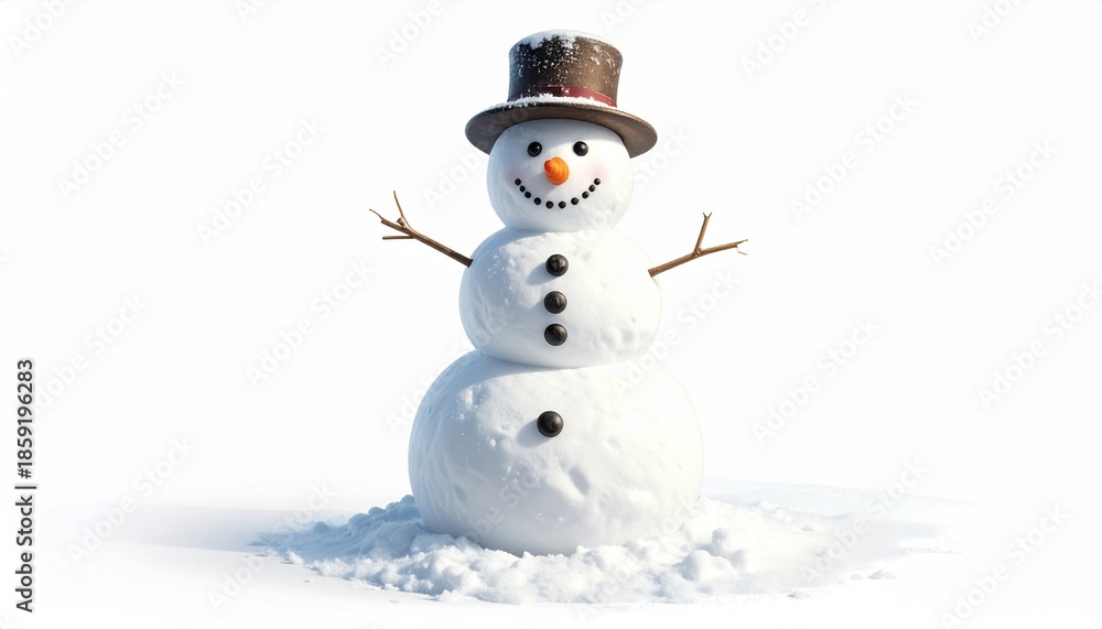 Fototapeta premium “Snowman with hat, carrot nose, and coal smile, symbolizing festivity, tradition, and winter joy.”