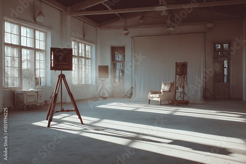 Timeless photographic artistry unfolds in an expansive sunlit creative workshop bathed in morning
