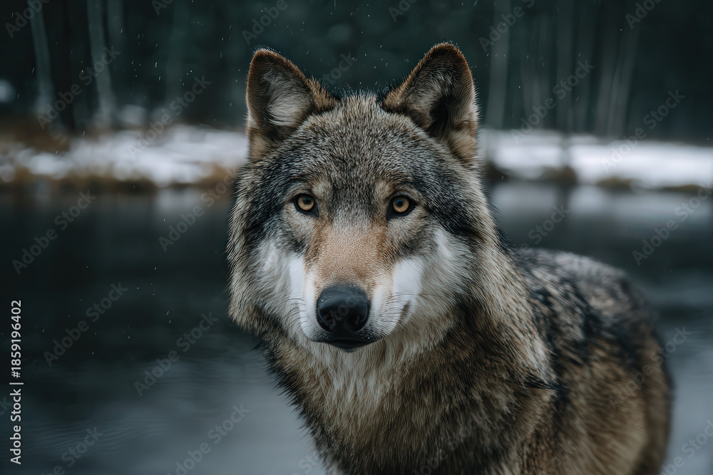 Fototapeta premium Grey wolf in dark forest, wildlife predator, moody cinematic scene