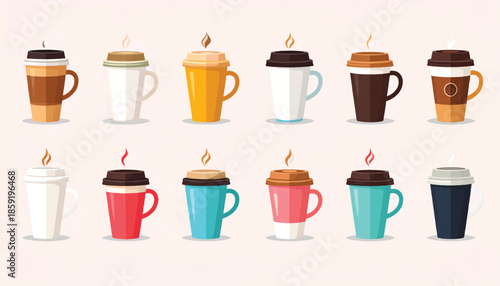 Collection of Coffee Cups with Various Designs and Colors.
