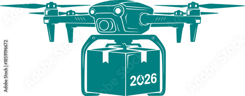 Modern Autonomous AI Delivery Drone with Package Isolated on White. Smart Logistics and E-commerce 2026 Technology, Shipping Innovation 3D Illustration.