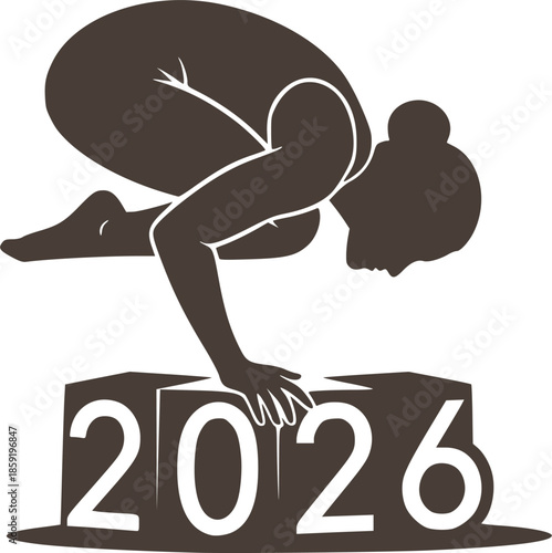 Yoga Crow Pose on 2026 Number Black Silhouette Isolated on White. Healthy Lifestyle, Mindfulness, New Year Resolution Wellness Concept for 2026 Trends.