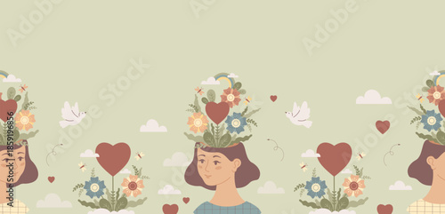 Mental Health Seamless Border. Concept Woman Head with Blooming Flowers, Rainbow, Heart and White Dove Birds on green background. Horizontal Flat Vector Illustration. Wellness and Self-Love. Not AI