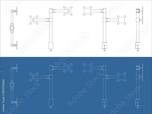 Orthographic Technical Plan of Dual Monitor Mount with Dimension Layout