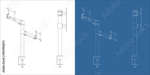 Side Perspective Dual Monitor Desk Mount Drawing with Clamp Detail