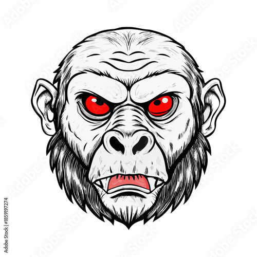 Hand-drawn, ink style ape head with red eyes and lips.