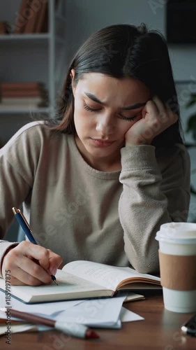 Stressed student studying at home, vertical shot