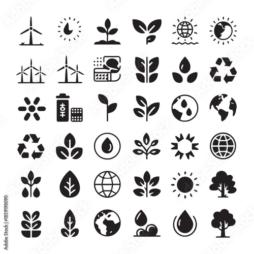 Eco and Sustainability Icon Set with Renewable Energy Nature Recycling and Earth Symbols Vector