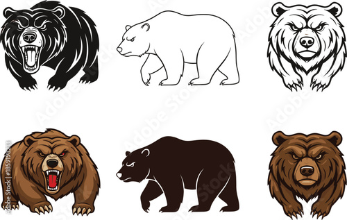 Aggressive bear mascot SVG and PNG bundle with roaring grizzly heads and walking bear silhouettes for team logos, shirts, decals, Cricut and printing.