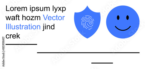 Identity verification, digital security, safety online, personal well-being, privacy, and recognition. A shield with a fingerprint next to a smiling face. Identity verification and digital security