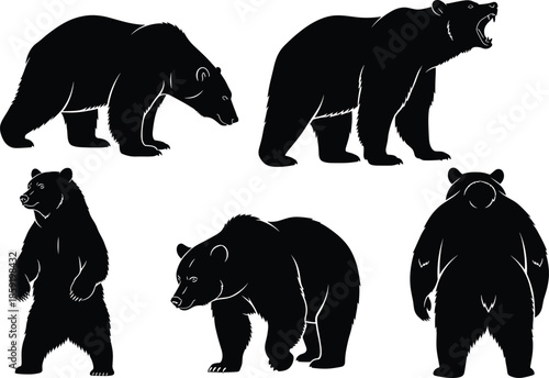 Black bear silhouette clipart bundle — standing, roaring, walking poses for wildlife graphics, hunting designs, camping, forest and nature projects