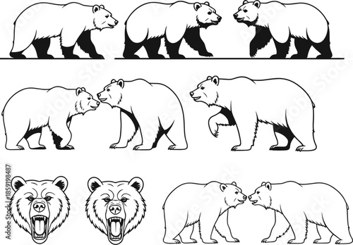 Bear outline clipart bundle, roaring bear head SVG, walking bear line art, wildlife animal silhouettes for Cricut and printable crafts