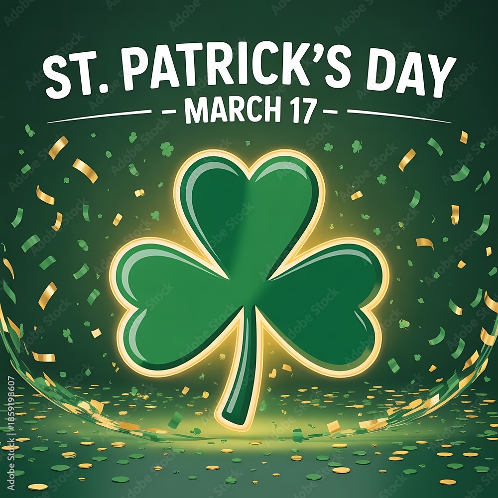 Obraz premium Green glowing shamrock with confetti for St Patricks Day celebration