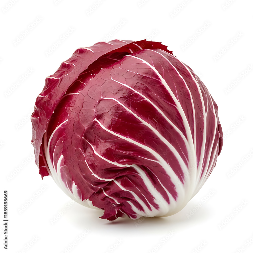 Obraz premium Close-up of a vibrant, fresh radicchio head with crisp leaves and white veins
