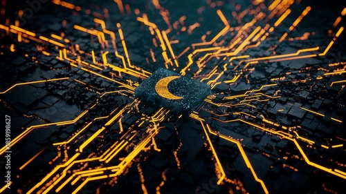 Wallpaper Mural Night mode Technology Concept with moon symbol on a Microchip. Orange Neon Data flows from the CPU across a Futuristic Motherboard. Seamless Loop. Torontodigital.ca