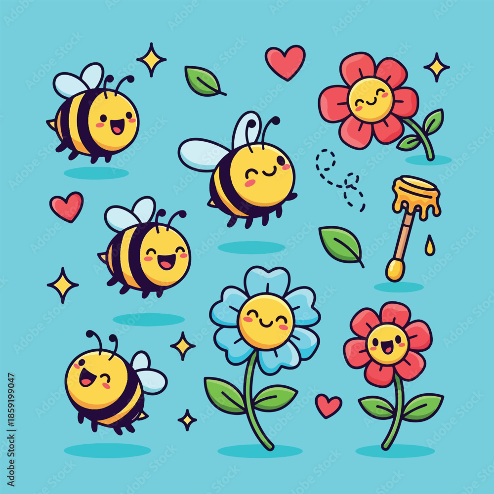 Fototapeta premium Adorable cartoon happy bees flying around colorful smiling flowers with hearts and leaves.
