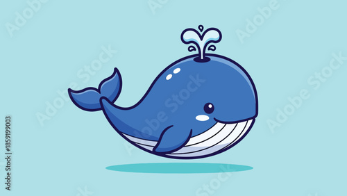 Adorable chubby cartoon blue whale spouting water.
