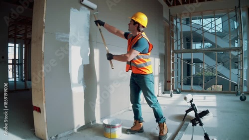 Construction worker painting a wall at a building site, wearing safety gear and using a roller