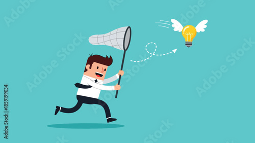 Businessman chasing a flying lightbulb idea with a net.