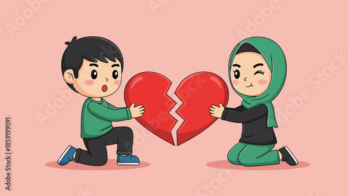 Cartoon boy and hijab girl mending a broken red heart.