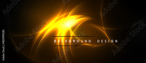 Bright golden light radiates from center. Swirling lines create dynamic abstract background, dark edges frame design.