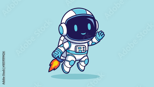 Cute Cartoon Astronaut Flying with Rocket Booster in White and Blue Spacesuit.