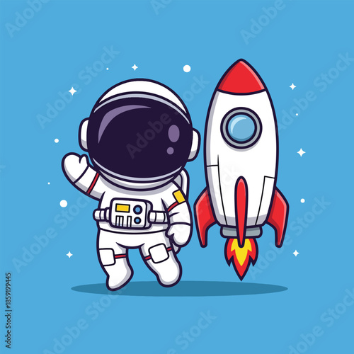 Cute Cartoon Astronaut Waving Next to a Launching Rocket.