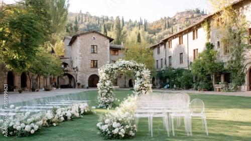 A scenic outdoor wedding setup, with white floral arch and clear chairs in a lush courtyard